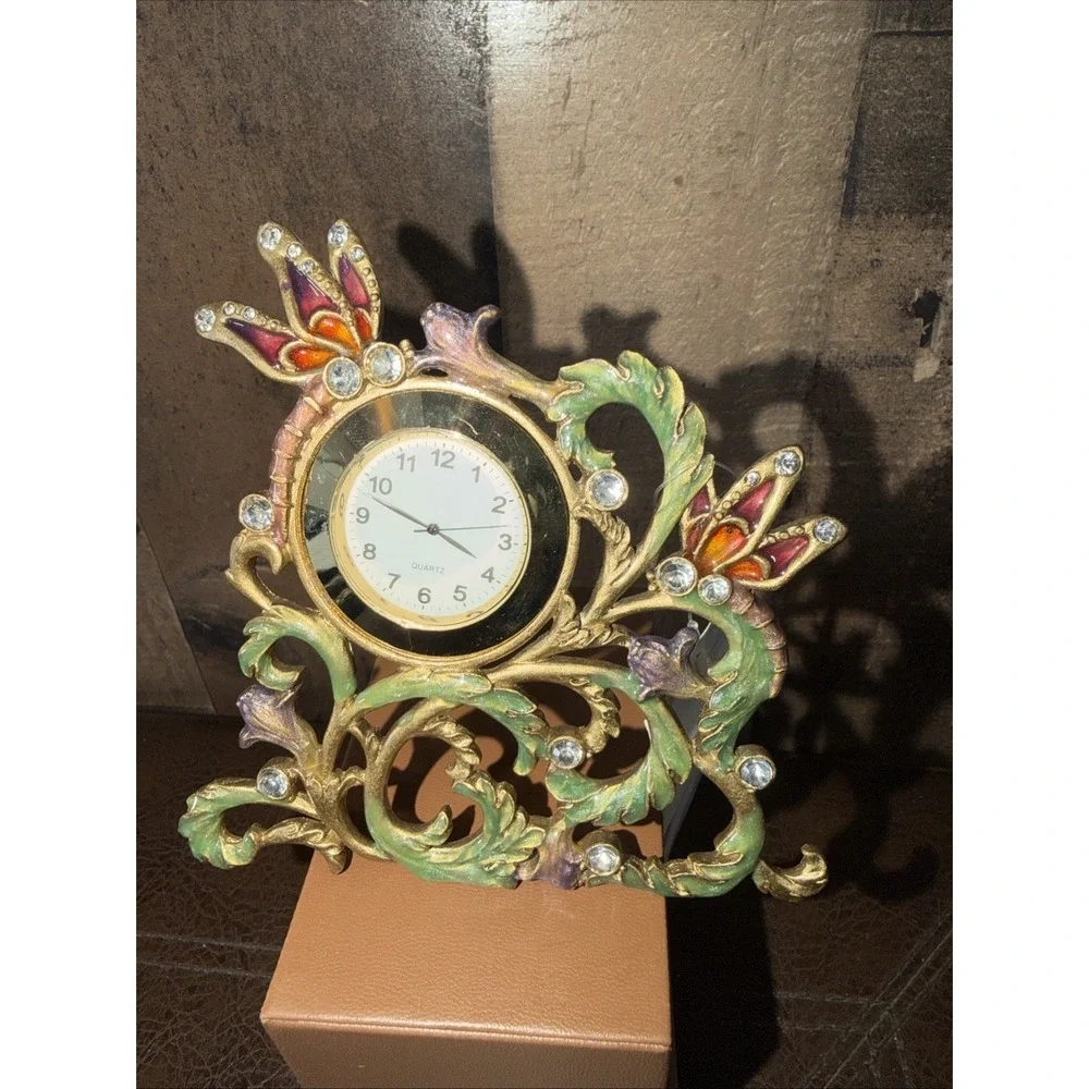 Vintage Jeweled Enamel Dragonfly Desk Clock Gold Tone Floral Tested New Battery